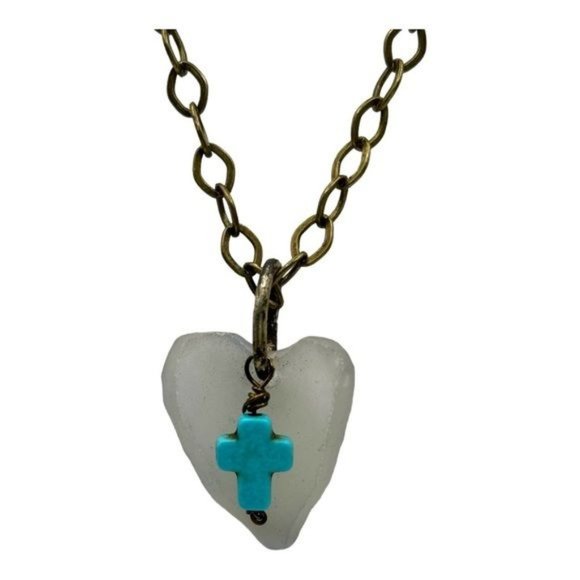 Artisan Light Green Sea Glass Concave Heart Pendant with Turquoise Cross Charm - Picture 4 of 12